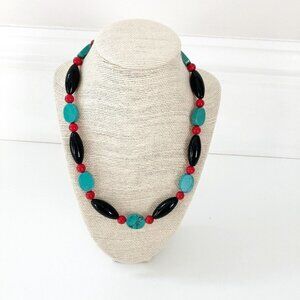 NWT Genuine Red Turquoise, Turquoise, Black Onyx Beaded Necklace Blue Black Red